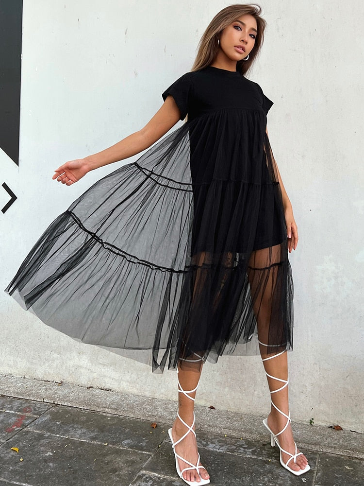 Patchwork Mesh Dresses For Women Round Neck Long Short Sleeve High Waist Folds Casual Dress Female Summer Fashion