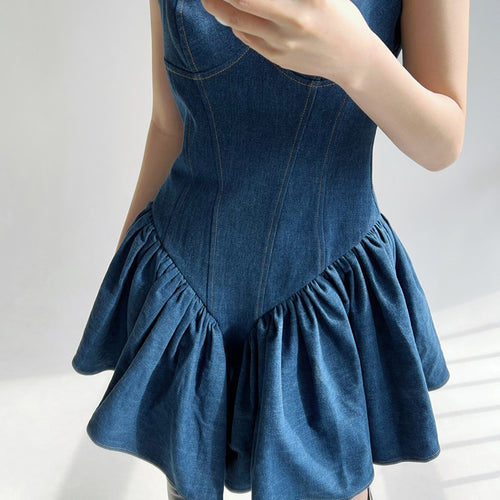 Load image into Gallery viewer, Loose Denim Dresses For Women Square Collar Sleeveless High Waist Folds Elegant Solid Dress Female Fashion Clothing
