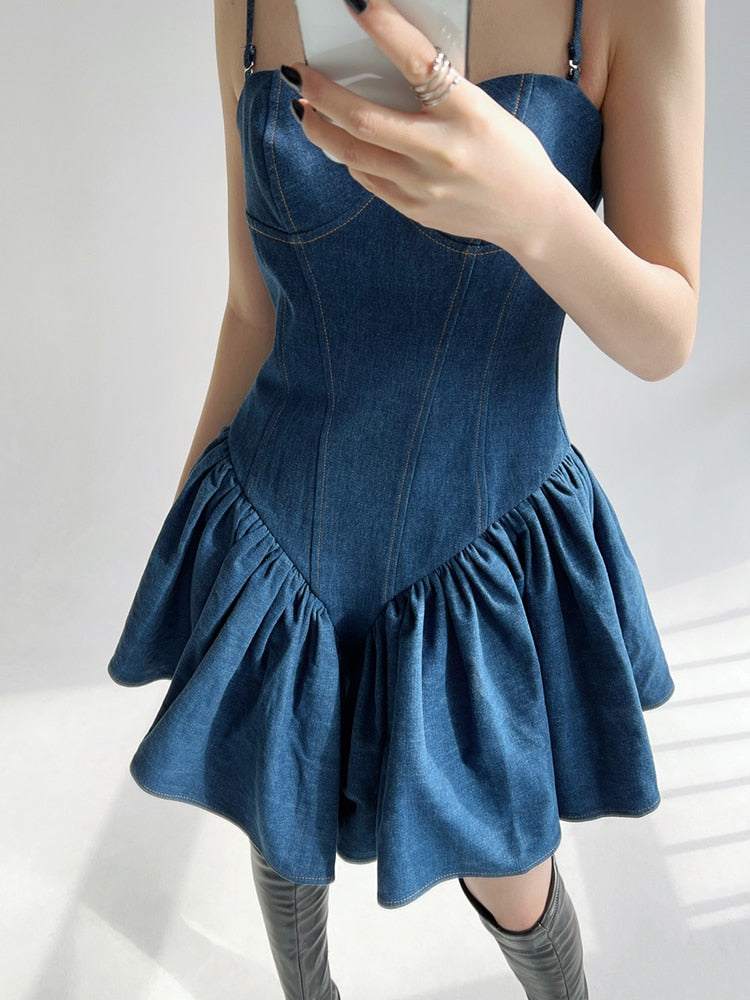 Loose Denim Dresses For Women Square Collar Sleeveless High Waist Folds Elegant Solid Dress Female Fashion Clothing