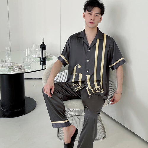 Load image into Gallery viewer, Men&#39;s Pajamas Spring Summer Youth Short Sleeve Pants Two Piece Home Suit Large Fashion Simulation Silk Cardigan Homewear
