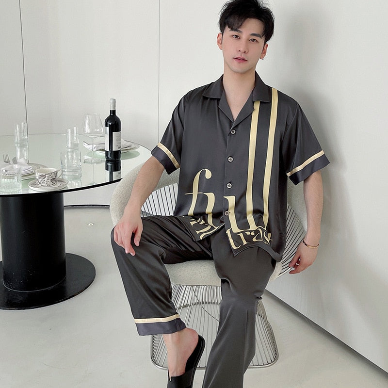 Men's Pajamas Spring Summer Youth Short Sleeve Pants Two Piece Home Suit Large Fashion Simulation Silk Cardigan Homewear