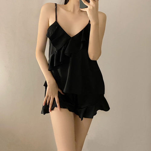 Load image into Gallery viewer, Women&#39;s Pajamas Set Sexy Sling Top Ruffle Panel Hem Shorts Silk Like Nightwear Sleepwear Home Clothes Outside Femme
