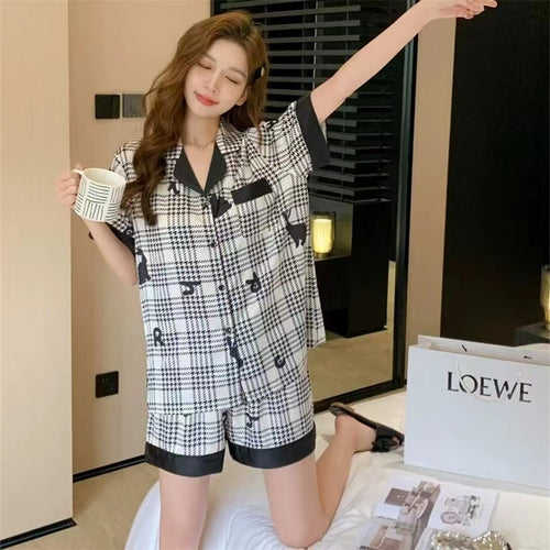 Load image into Gallery viewer, Couple Pajamas Women&#39;s Short Sleeve Cardigan Shorts Two Piece Set Imitation Silk Sleepwear Checker Printing Home Suit
