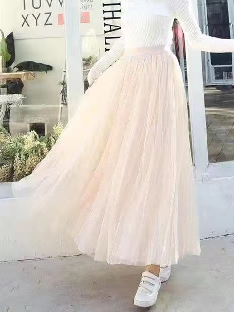 Elegant Women Tulle Skirt  Korean Fashion Mesh White A Line Ladies Pleated Skirt Summer Chic High Waist Black Party Faldas