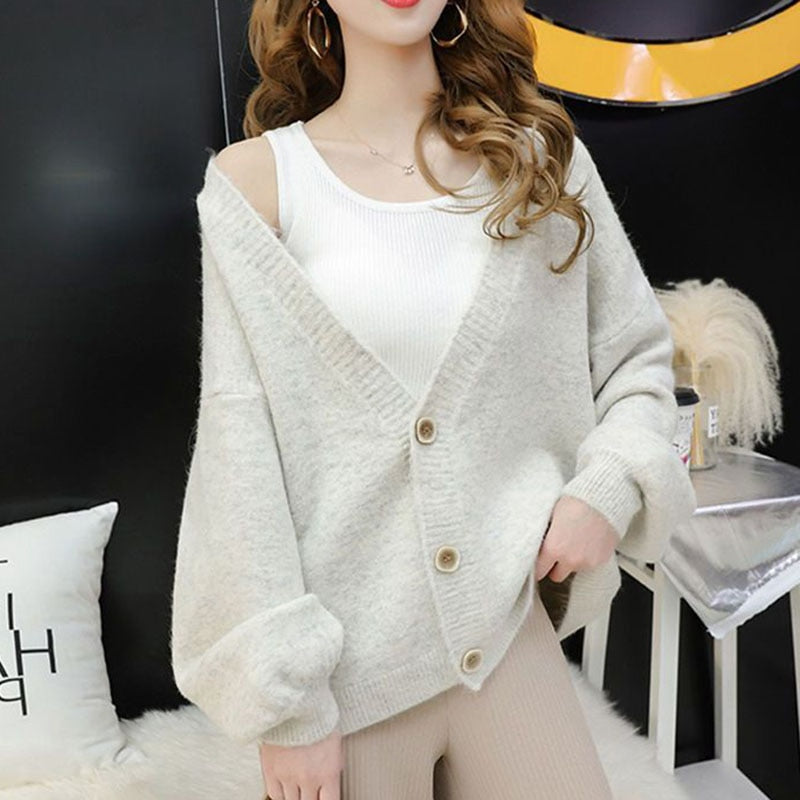 Fashion Women Cardigan Sweater Casual V Neck Loose Button Up Knitted Solid Coat Fall Long Sleeve Korean Winter Female Top