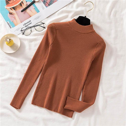 Load image into Gallery viewer, Autumn Women Pullover Sweater Half Turtleneck Long Sleeve Knitted Jumper Winter Elastic Solid Basic Ladies Blouse
