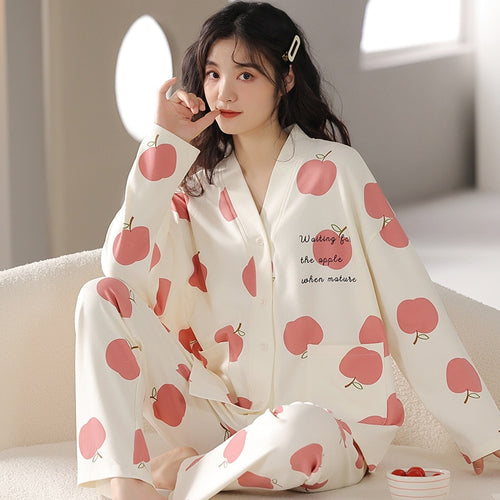 Load image into Gallery viewer, Women&#39;s Pajamas Set Cute Fruit Print Leisure V Neck Sleepwear Cotton Blended Long Casual Homewear Nightwear Femme 3XL
