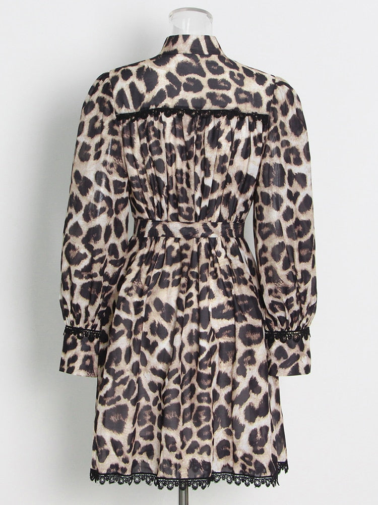 Vintage Leopard Dress For Women Lapel Long Sleeve High Waist Colorblock Mini Dresses Female Spring Clothes