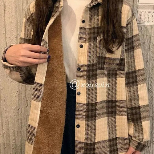 Load image into Gallery viewer, Thick Women Plaid Shirts Korean Winter Warm Fleece Button Up Tops Vintage Turn Down Collar Loose Casual Woolen Female Coats
