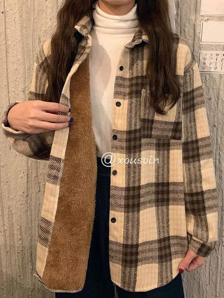 Thick Women Plaid Shirts Korean Winter Warm Fleece Button Up Tops Vintage Turn Down Collar Loose Casual Woolen Female Coats