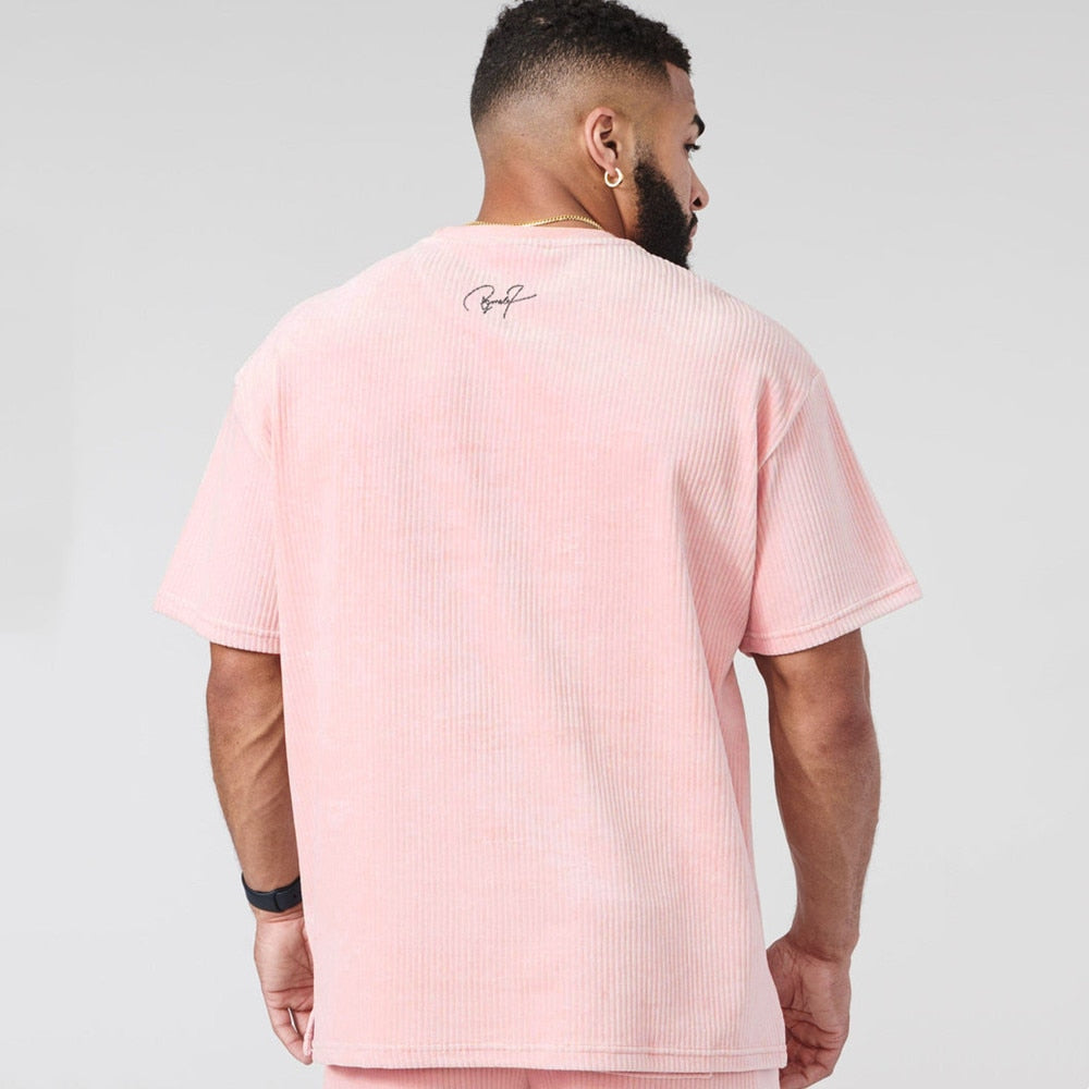 Summer Casual T-shirt Men Short Sleeve Shirt Male Fashion Hip Hop Tees Tops Streetwear Solid Stripes Corduroy Clothing