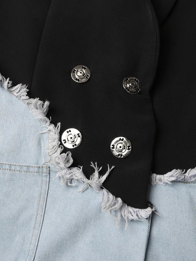 Spliced Denim Casual Blazers For Women Notched Collar Long Sleeve Patchwork Buttons Irregular Blazer Female Clothes