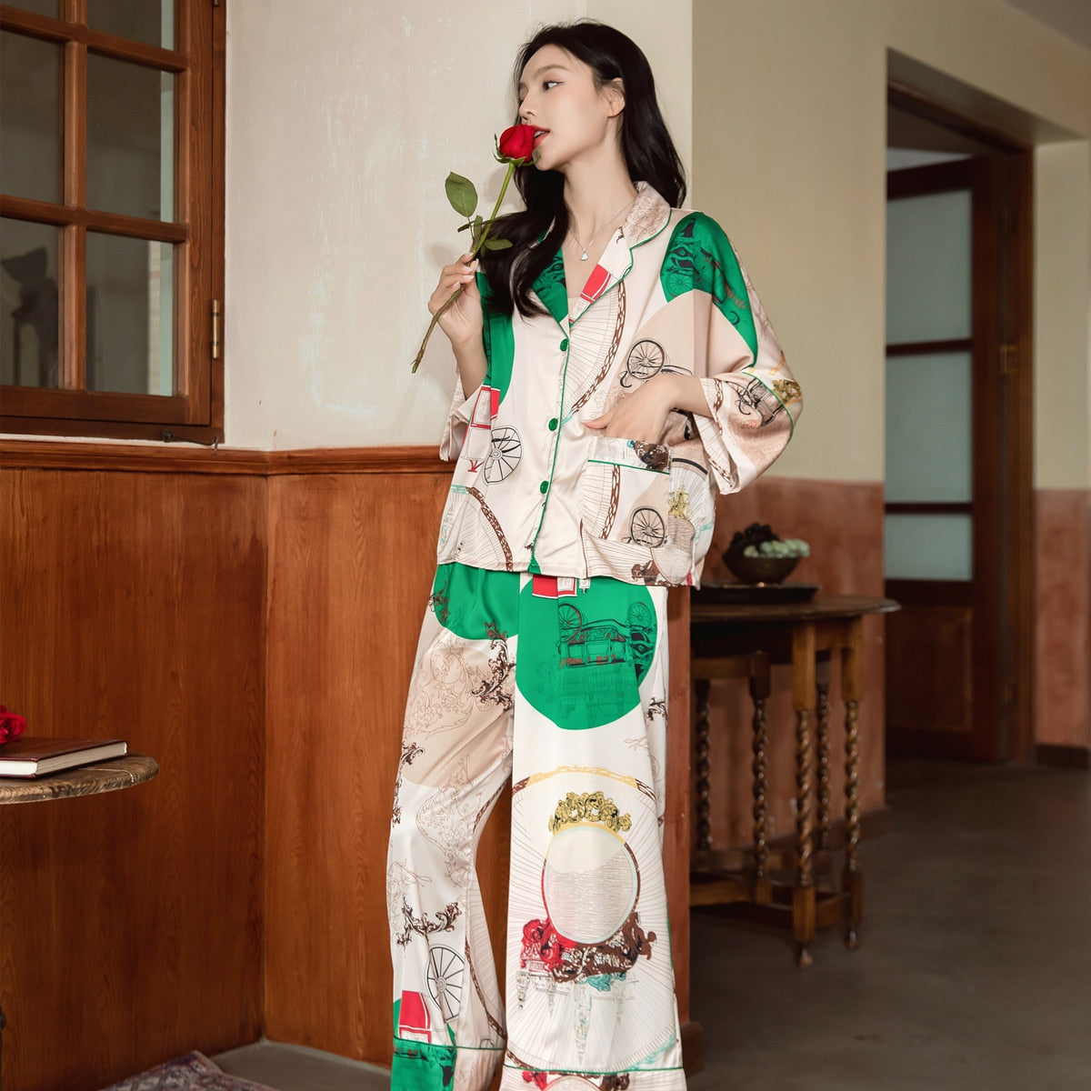 High Quality Women's Pajamas Set Vintage Print Loose Design Nightwear Silk Like Sleepwear Casual Leisure Homewear Femme
