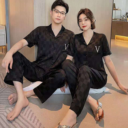 Load image into Gallery viewer, Summer Couple&#39;s Pajamas Women&#39;s Long Sleeve Pants Two Piece Set Men&#39;s Plaid Jacquard Homewear Fashion Home Clothing
