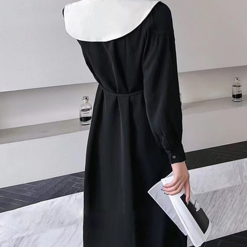 Load image into Gallery viewer, Korean Fashion Dress For Women Lapel Long Sleeve High Waist Single Breasted Colorblock Midi Dresses Female Clothing
