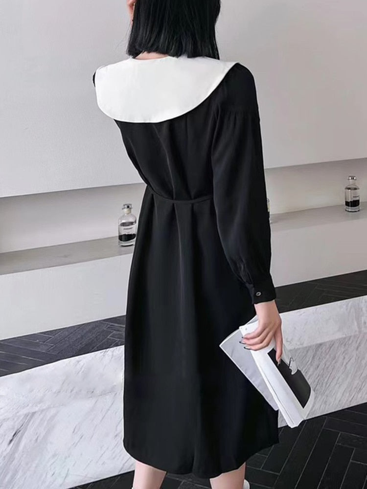 Korean Fashion Dress For Women Lapel Long Sleeve High Waist Single Breasted Colorblock Midi Dresses Female Clothing