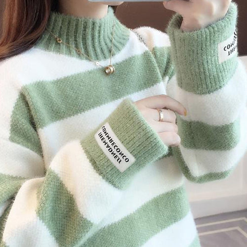 Load image into Gallery viewer, Women Half Turtleneck Sweater Autumn Fashion Striped Loose Pullover Knit Jumper Long Sleeve Letter Top Casual Warm Blouse
