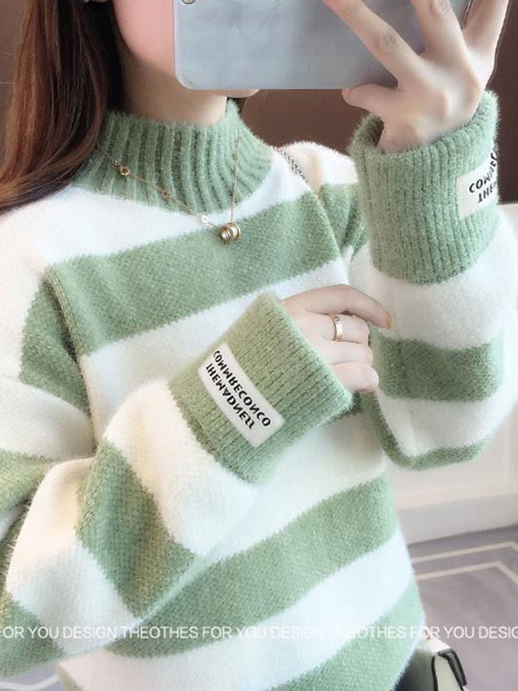 Women Half Turtleneck Sweater Autumn Fashion Striped Loose Pullover Knit Jumper Long Sleeve Letter Top Casual Warm Blouse