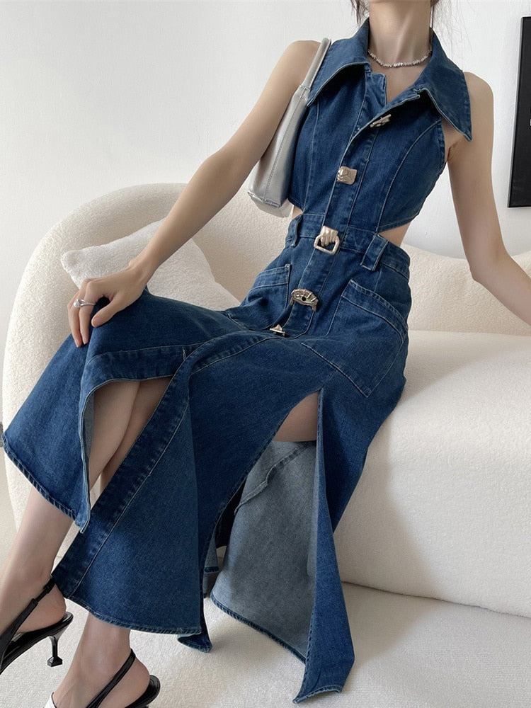 Hollow Out Denim Dress For Women Lapel Sleeveless High Waist Spliced Pockets Casual Dresses Female Clothes Fashion