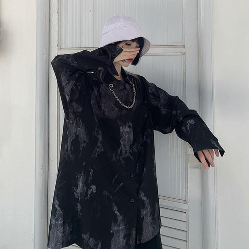 Load image into Gallery viewer, Oversize Tie Dye Women Shirts Dark Academic Long Sleeve Chain Bear Button Up Oversize Tops Gothic Streetwear Black Shirt
