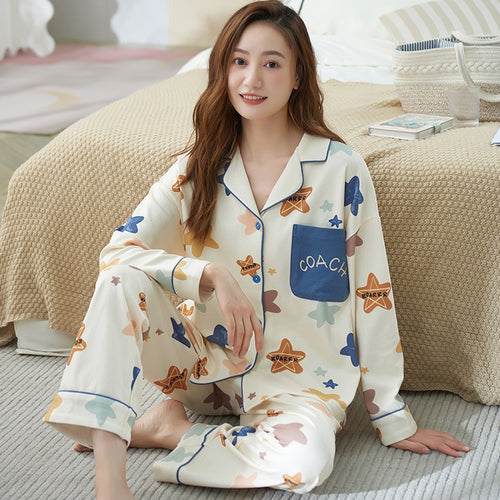 Load image into Gallery viewer, High Quality Women&#39;s Pajamas Set Fashion Cartoon Print Leisure Cotton Sleepwear Long Casual Homewear Nightwear Femme 3XL
