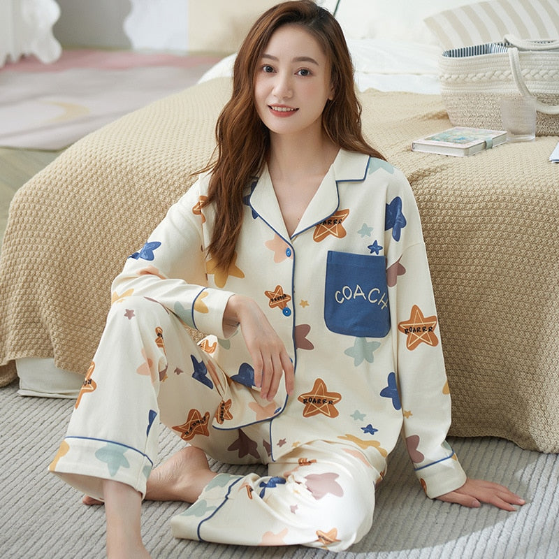 High Quality Women's Pajamas Set Fashion Cartoon Print Leisure Cotton Sleepwear Long Casual Homewear Nightwear Femme 3XL