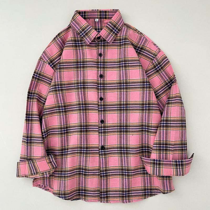 Vintage Plaid Shirts Fashion Button Up Spring Shirt Long Sleeve Turn Down Collar Tops Loose Oversize Ladies Tops