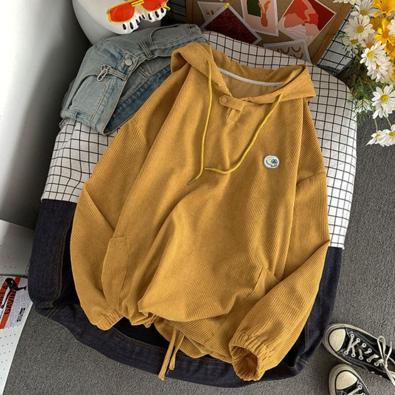 Hoodies Women Corduroy Solid Color Vintage Sweatshirts Spring Autumn Long Sleeve Casual Oversize BF Loose All Match Tops