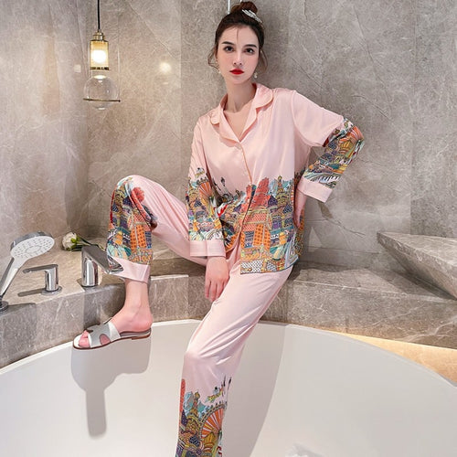 Load image into Gallery viewer, Fashion Women Cardigan Pajamas Spring Autumn Comfortable Imitation Silk Loose Sleepwear Long Sleeved Pants Two Piece Set
