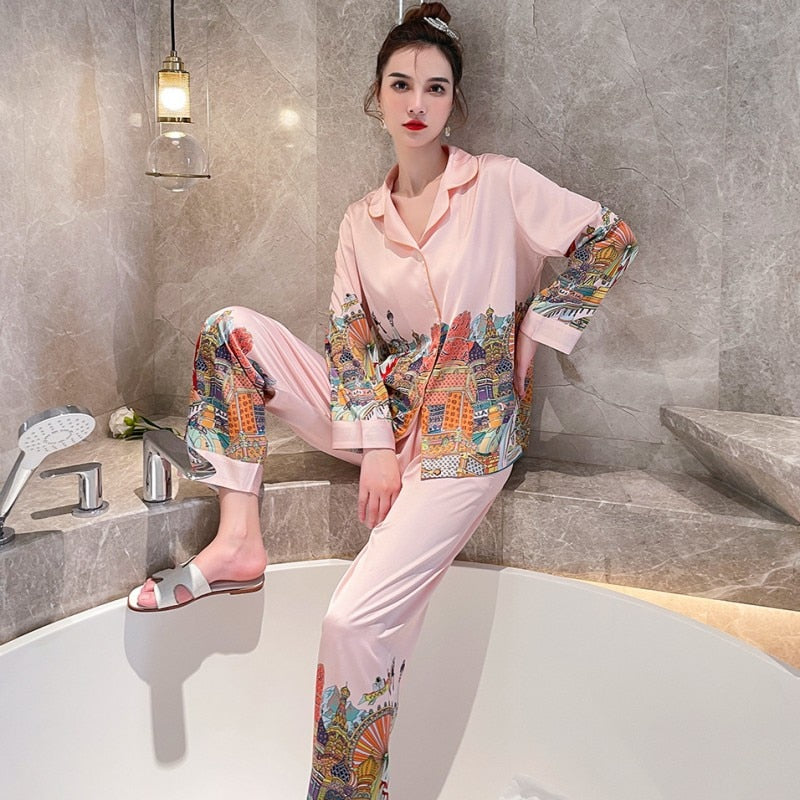 Fashion Women Cardigan Pajamas Spring Autumn Comfortable Imitation Silk Loose Sleepwear Long Sleeved Pants Two Piece Set