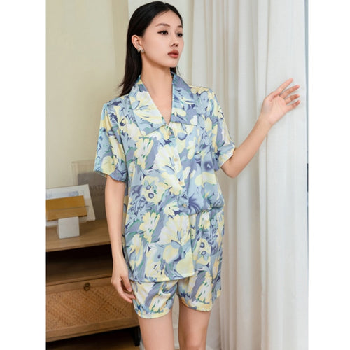 Load image into Gallery viewer, Women&#39;s Imitation Silk Pajamas Summer Gradient Flower Printing Short Sleeved Shorts Home Suit Comfortable Loose Homewear
