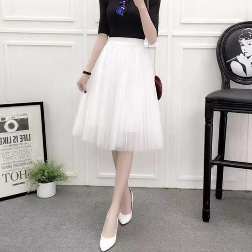 Load image into Gallery viewer, Elegant Women Tulle Skirt  Korean Fashion Mesh White A Line Ladies Pleated Skirt Summer Chic High Waist Black Party Faldas
