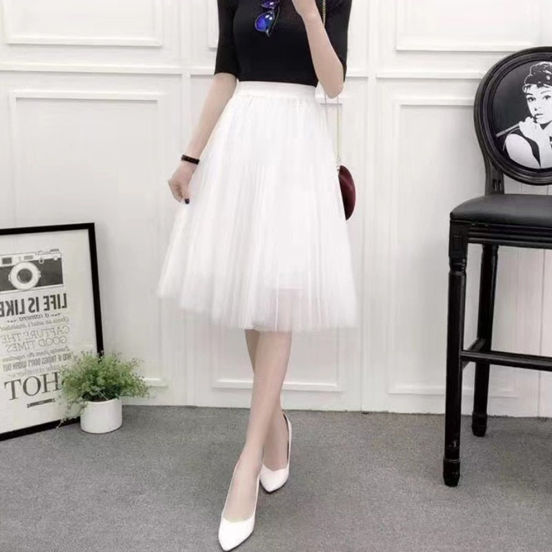 Elegant Women Tulle Skirt  Korean Fashion Mesh White A Line Ladies Pleated Skirt Summer Chic High Waist Black Party Faldas