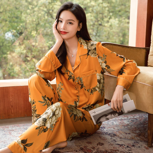 Load image into Gallery viewer, High Quality Women&#39;s Pajamas Set Luxury Golden Floral Print Sleepwear Silky Touch Nightwear Leisure Homewear Femme
