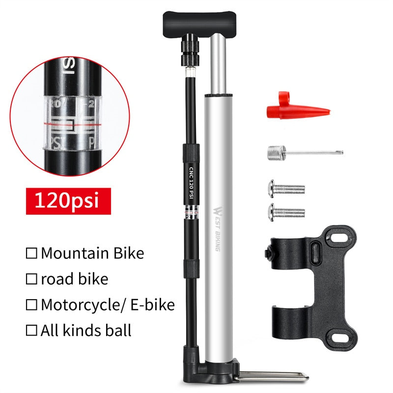 120PSI High Pressure Bike Foot Pump With Gauge Mini Portable Alloy Pump For Schrader Presta Valve Tire Air Inflator