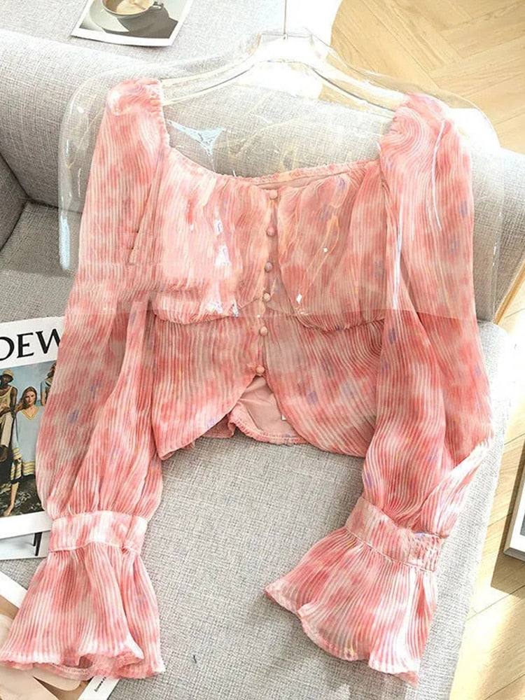 Designed Women Shirts Elegant Flare Sleeve Chiffon Loose Ladies Blouse Summer Button Up Tie Dye Pink Ladies Crop Tops