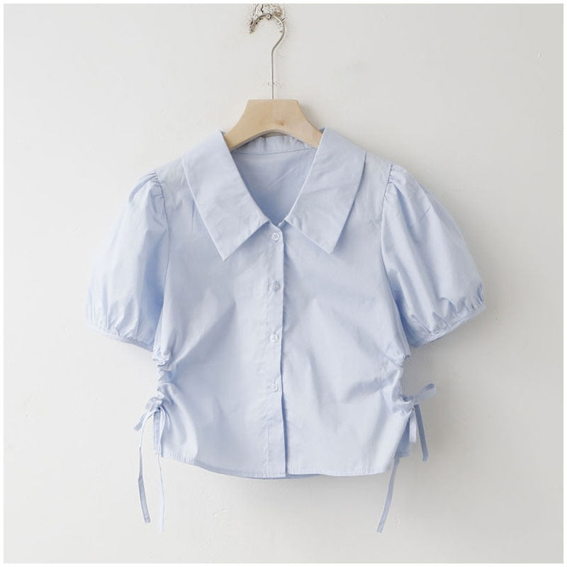 Button Up Women Shirts Puff Sleeve Summer White Ladies Crop Tops White Fashion Lace Up Turn Down Collar Female Tops