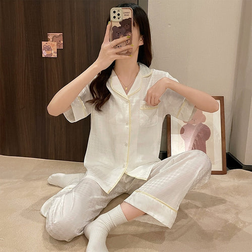 Load image into Gallery viewer, Lapel Neck Silk Like Pajamas Women&#39;s Summer Cool Silky Slim Thousand-bird Lattice Jacquard Short Sleeve Pants Home Suit
