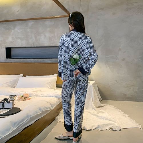 Load image into Gallery viewer, Women&#39;s Spring Summer Pajamas Satin Cardigan Thousand-bird Lattice Long Sleeve Pants Home Suit Loose Casual Homewear
