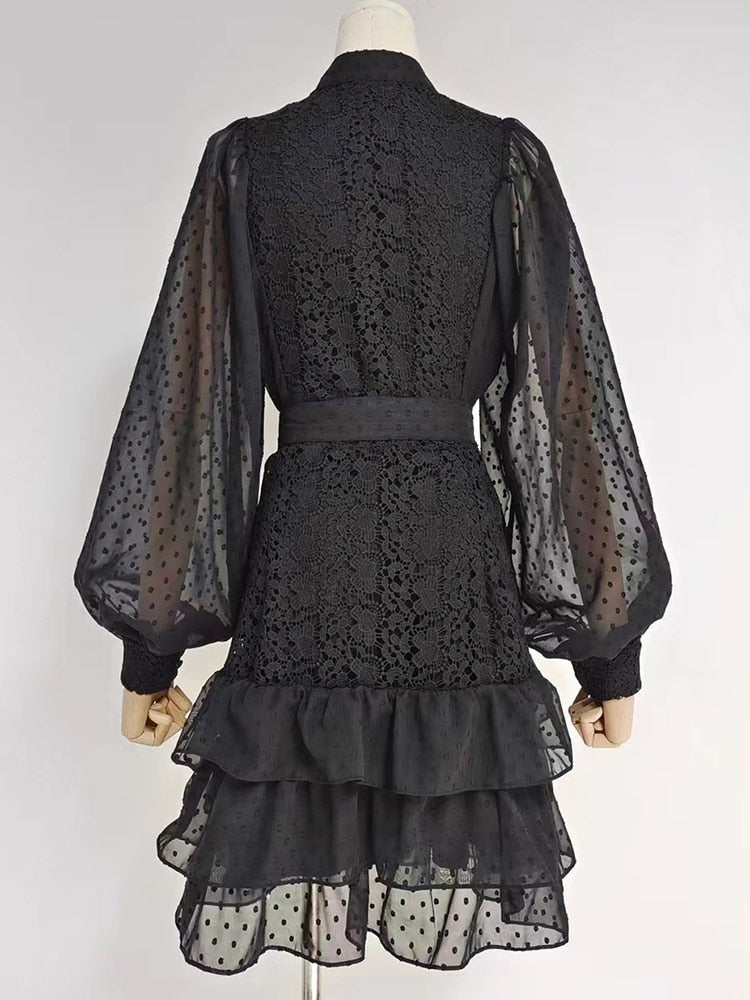 Black Lace Panel Dress For Women Stand Collar Lantern Sleeve High Waist Solid Minimalist Mini Dresses Female Spring