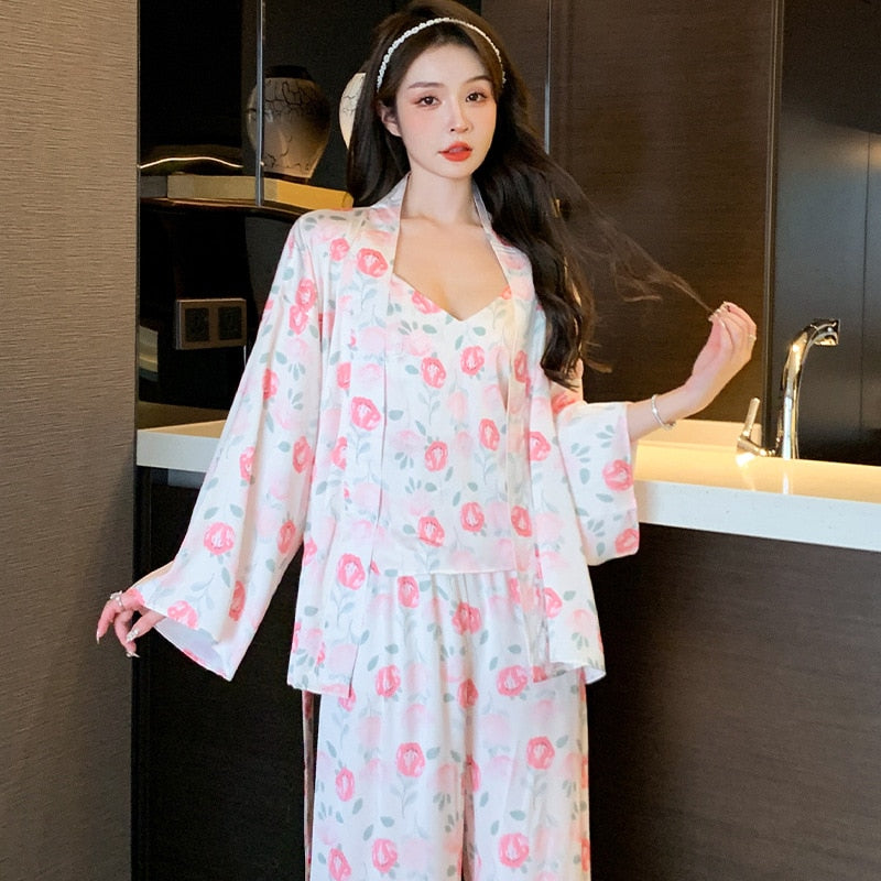 Women's Pajamas 3 Pieces Set Floral Print Kimono Robe Sling Camisole Long Pants Silk Like Sleepwear Homewear Petite