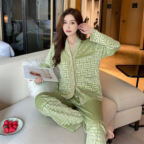 Load image into Gallery viewer, Women&#39;s Pajamas Set Velvet Luxury Pressed Stripes Pattern Sleepwear Casual Homewear V Neck Nightwear Pyjama Femme Petite
