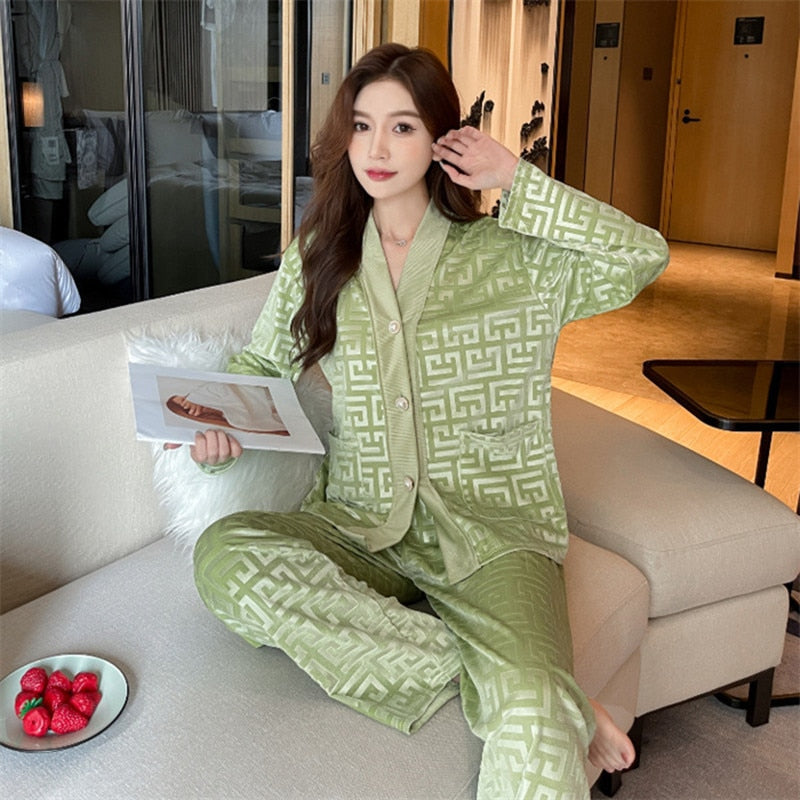 Women's Pajamas Set Velvet Luxury Pressed Stripes Pattern Sleepwear Casual Homewear V Neck Nightwear Pyjama Femme Petite