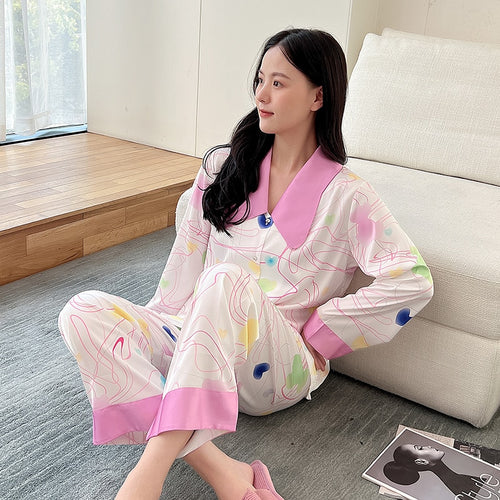 Load image into Gallery viewer, Women&#39;s Pajamas Set Butterfly Collar Colorful Stripes Print Leisure Sleepwear Silk Like Casual Homewear Nightwear Femme
