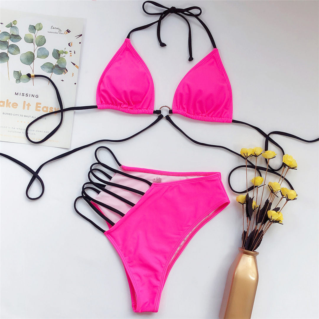 Sexy Neon Yellow Pink Asymmetrical Bikini High Waist Swimsuit Women Swimwear Bikini set Halter Bather Bathing Suit V1810