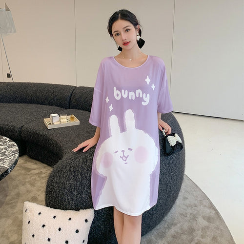 Load image into Gallery viewer, Women&#39;s Pajama Skirt Summer Thin Short Sleeve Medium Length Silk Like Nightwear Cartoon Nightdress Loose Home Clothing
