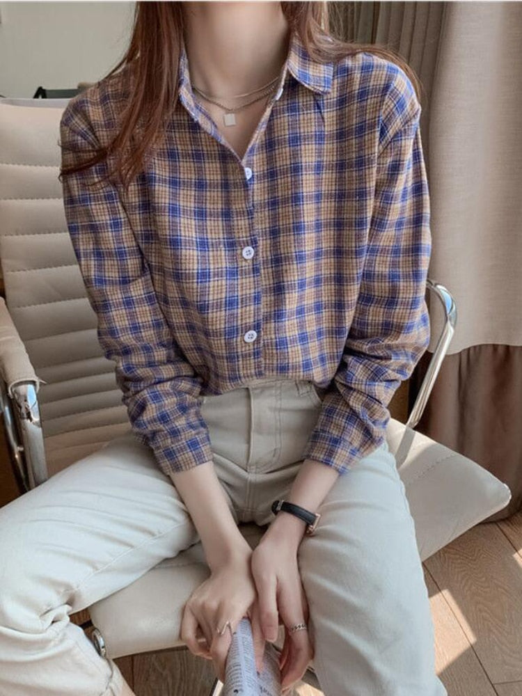 Pure Cotton Women Shirt Loose Fashion Button Up BF Ladies Plaid Shirt Casual Korean Long Sleeve Fall All Match Female Shirt