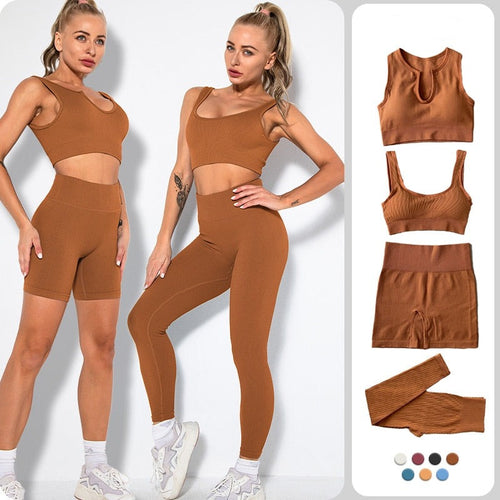 Load image into Gallery viewer, 4Pcs Seamless Yoga Sets Womens 2 Piece Ribbed Workout Outfits Bra Shorts Sports Leggings Matching Sets Fitness Suits Gym Clothes
