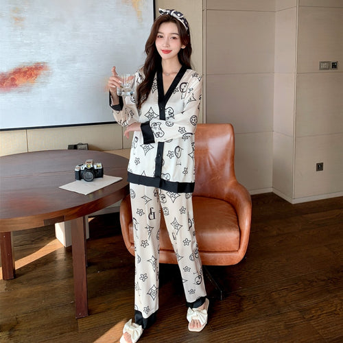 Load image into Gallery viewer, Women&#39;s Pajamas Set Fashion Plaid Stripes Print Sleepwear Silk Like Long Homewear Nightwear Femme Petite
