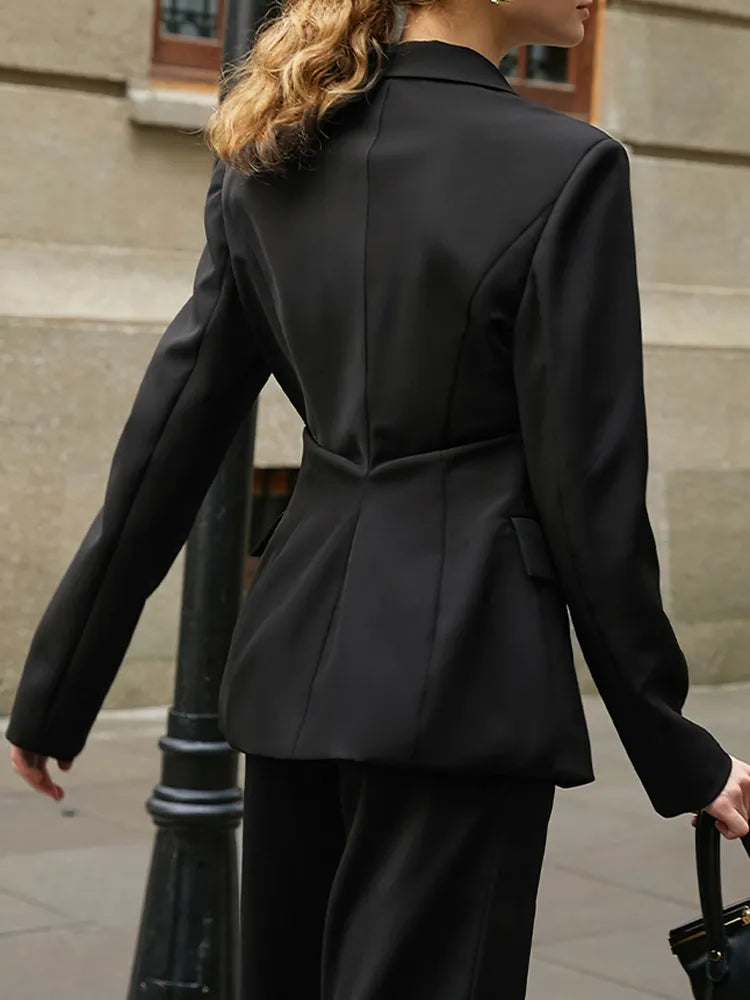 Black Slim Korean Blazer For Women Notched Collar Long Sleeve Ruched Solid Minimalist Blazers Female Clothing